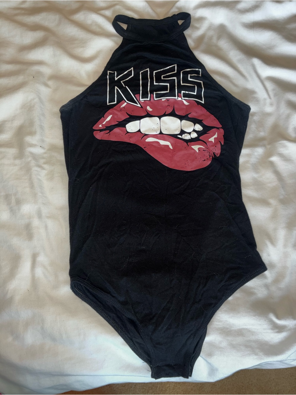 SHEIN Black Bodysuit Graphic 'KISS' Red Lips